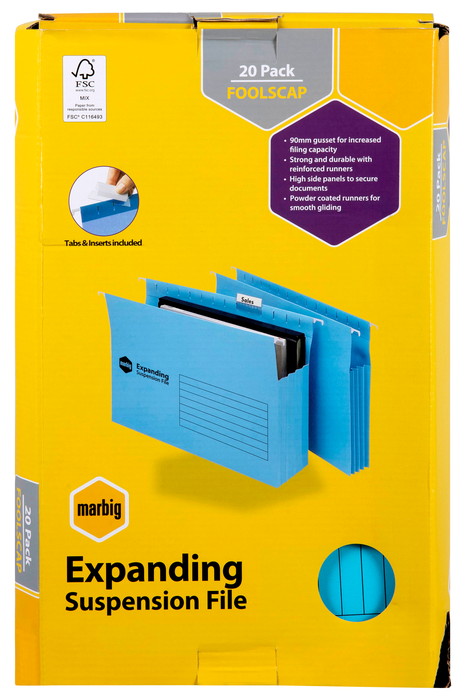 Marbig Foolscap Expanding Suspension File, 90mm Expandable, 20's pack