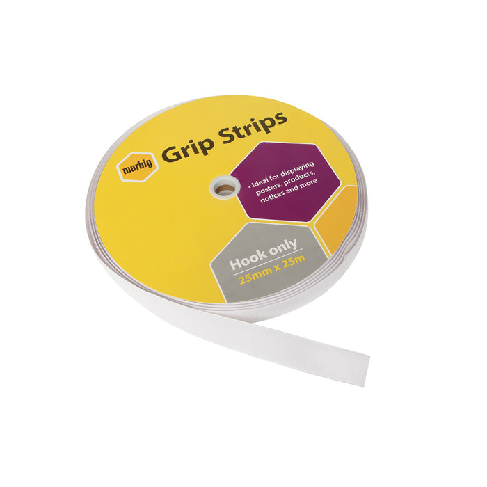 Marbig Grip Strips, Hook Only, 25mm x 25m, White