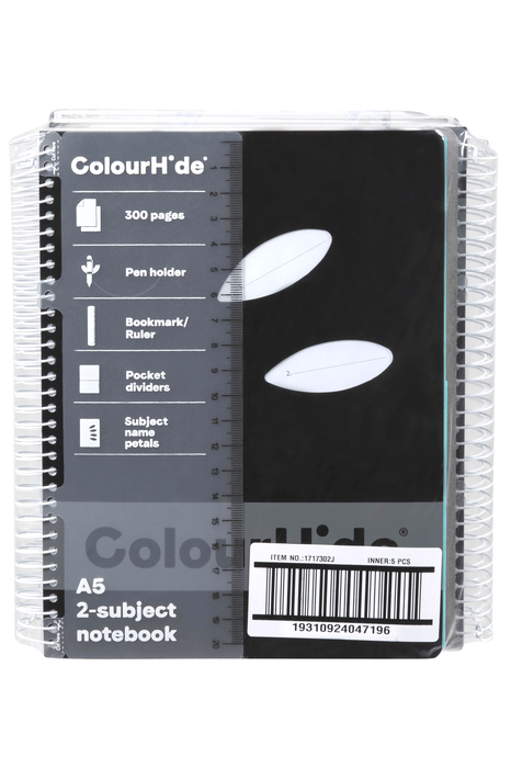 Colourhide A5 Polypropylene Cover 2 Subject Book 300 Pages x 5's pack AO1717302J