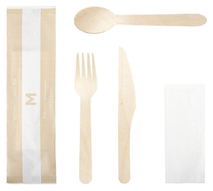 Compostable Natural Wooden Cutlery Set x 400 packs (Knife, Fork, Spoon, Napkin) MPH38122