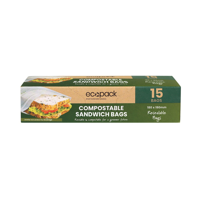Compostable Resealable Sandwich Bags, 15 Boxes x 12's (180 bags) ECED-2600