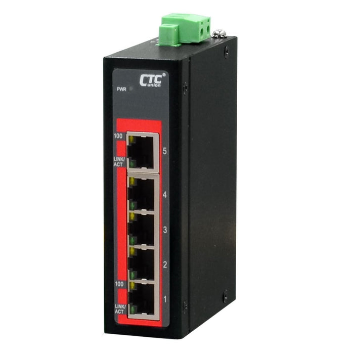 CTC UNION 5 Port Fast Ethernet Unmanaged Switch.-10C~60C. 5x 10/100BaseT(X).  Compact size. Power consumption V DC/W: 12/0.9, 24/1.2 & 48/2. Dinmount kit included. CDIFS-500C