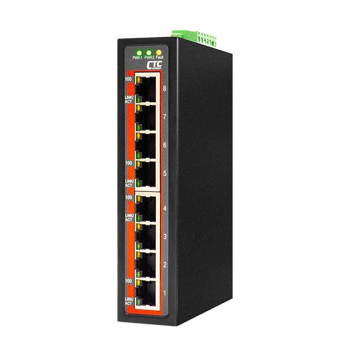 CTC UNION 8 Port Fast Ethernet Unmanaged Switch.-10C~60C. 8x 10/100BaseT(X). Power consumption 12/24/48V DC/3.9W. Din-kit incl. CDIFS-800