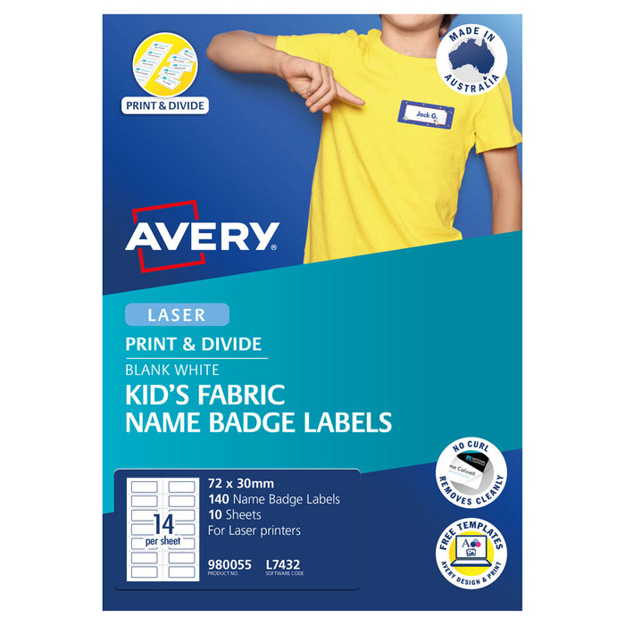 Avery L7432 Kids Fabric Name Badge Labels, 72mm x 30mm, 10 Sheets, 14 Labels Per Sheet