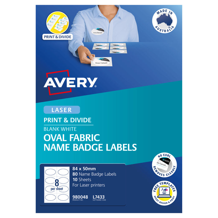 Avery L7433 Oval Fabric Name Badge Labels, 84mm x 50mm, 10 Sheets, 8 Labels Per Sheet