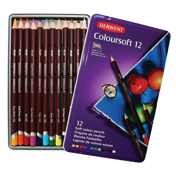 Derwent Coloursoft 12 Drawing Coloured Pencils in Metal Tin (0701026) AO701026-DO