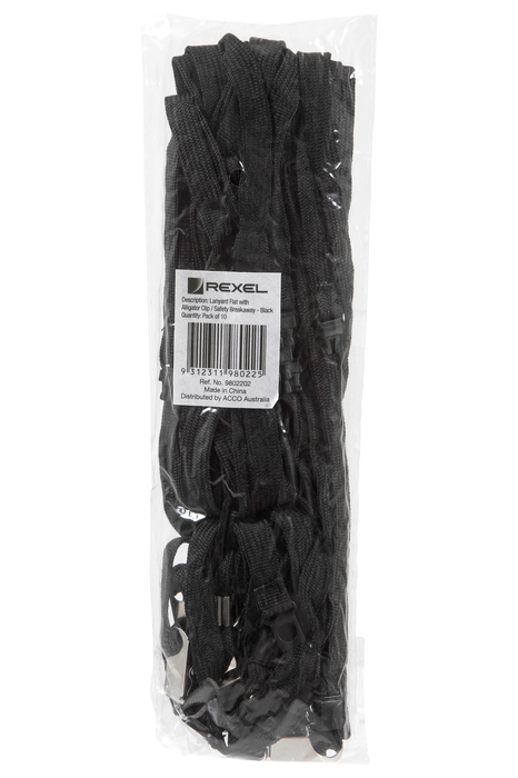 Rexel ID Flat Style Lanyards with Alligator Clip, 10 Pack, Black