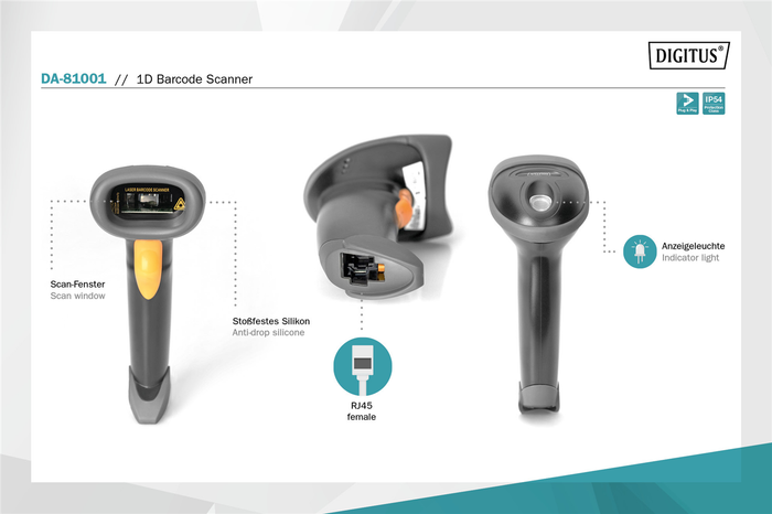 Digitus 1D Barcode Scanner, USB with Stand DVARA1000