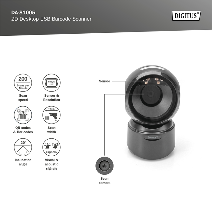 Digitus 2D Desktop USB Barcode Scanner DVARA1121