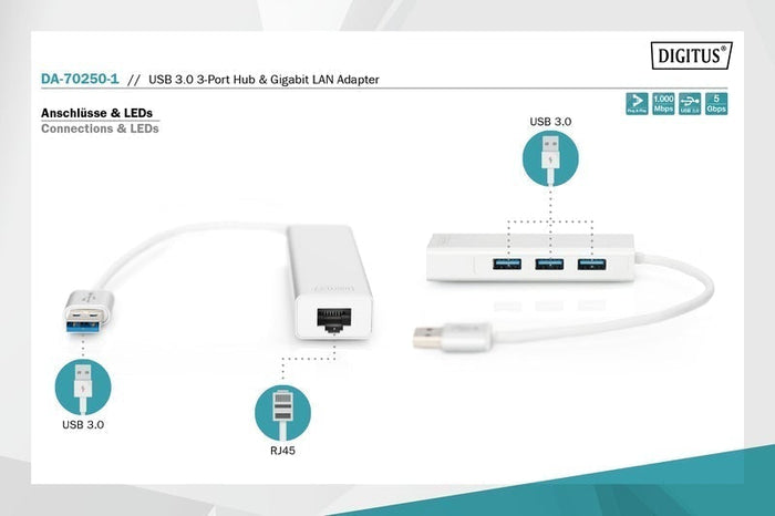 Digitus USB 3.0 3-Port Hub & Gigabit LAN Adapter DVUS539