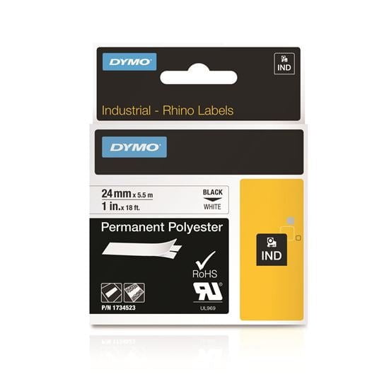 DYMO 1734523 Genuine Rhino Industrial Label - Permanent Polyester, 24mm Black on White - Temperature Rating -40C to +150C. CD1734523