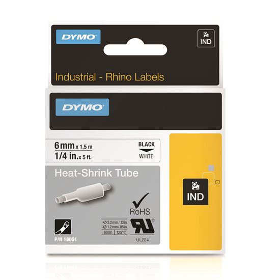 DYMO 18051 Genuine Rhino Industrial Labels- Heat Shrink Tube, 6mm Black on White - Temperature Rating -19C to +135C. CD18051