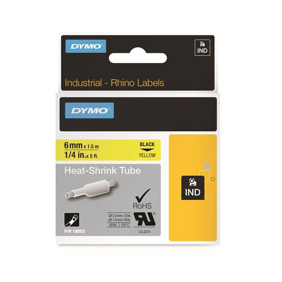 DYMO 18052 Genuine Rhino Industrial Labels- Heat-Shrink Tube, 6mm Black on Yellow - Temperature Rating -19C to +135C CD18052