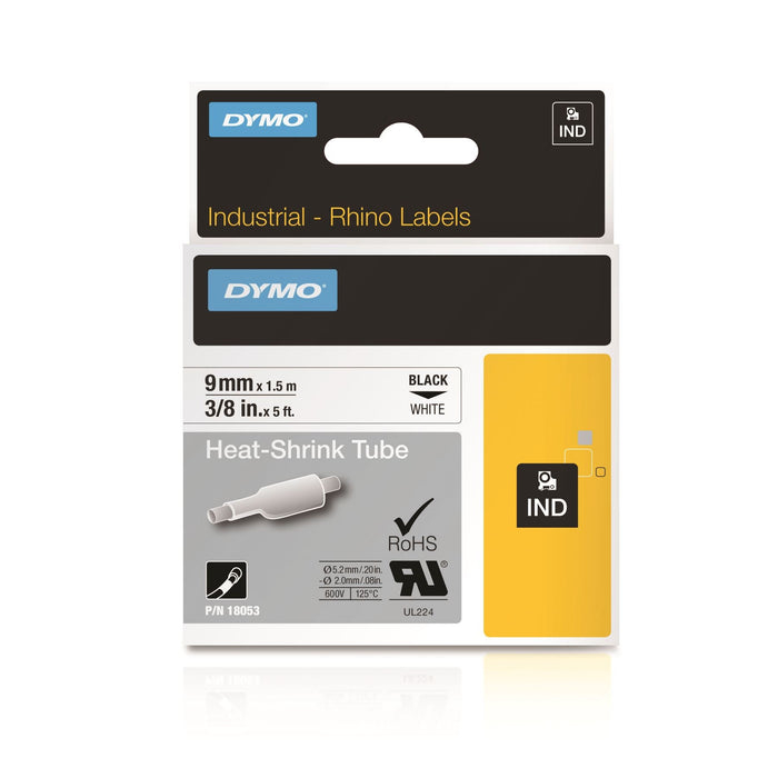 DYMO 18053 Genuine Rhino Industrial Labels - Heat  Shrink Tube, 9mm Black on White - Temperature Rating -19C to +135C. CD18053