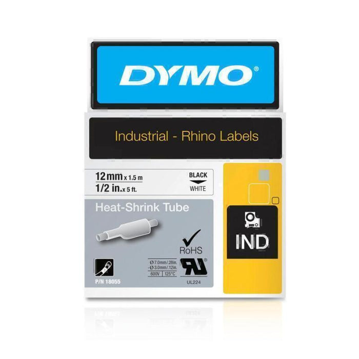 Dymo 18055 Genuine Rhino Heat-Shrink Tube Industrial Labels, 12mm, Black on White DSDY18055