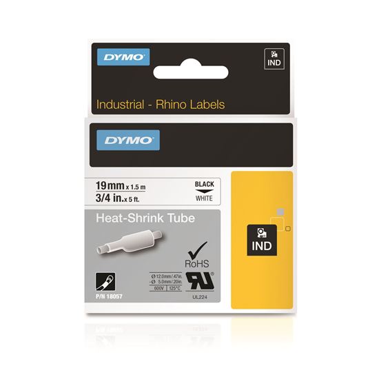 DYMO 18057 Genuine Rhino Industrial Labels-Heat Shrink Tube, 19mm Black on White - Temperature Rating -19C to +135C CD18057