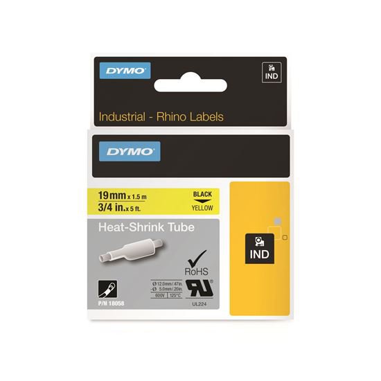 DYMO 18058 Genuine Rhino Industrial Labels-Heat Shrink Tube, 19mm Black on Yellow - Temperature Rating -19C to +135C CD18058