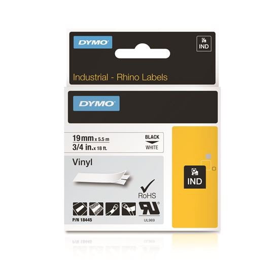 DYMO 18445 Genuine Rhino Industrial Vinyl Labels, 19mm x 5.5m, Black on White CD18445