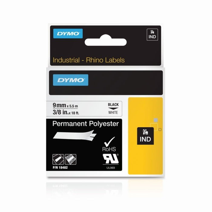 Dymo 18482 Rhino Permanent Polyester Label, 9mm x 5mt, Black on White DSDY18482