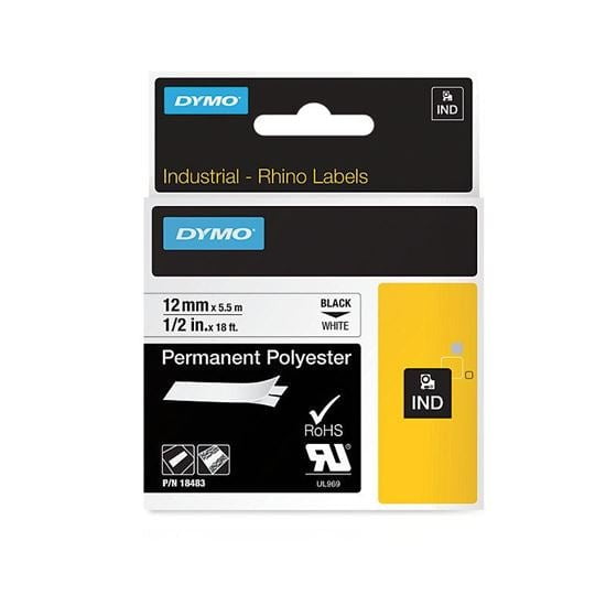 DYMO 18483 Genuine Rhino Industrial Labels-Permanent Polyester 12mm, Black on White - Temperature Rating -40C to +150C CD18483