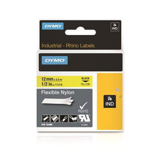 DYMO 18490 Genuine Rhino Industrial Labels-Flexible Nylon, 12mm Black on Yellow - Temperature Rating -25.56C to +80 CD18490