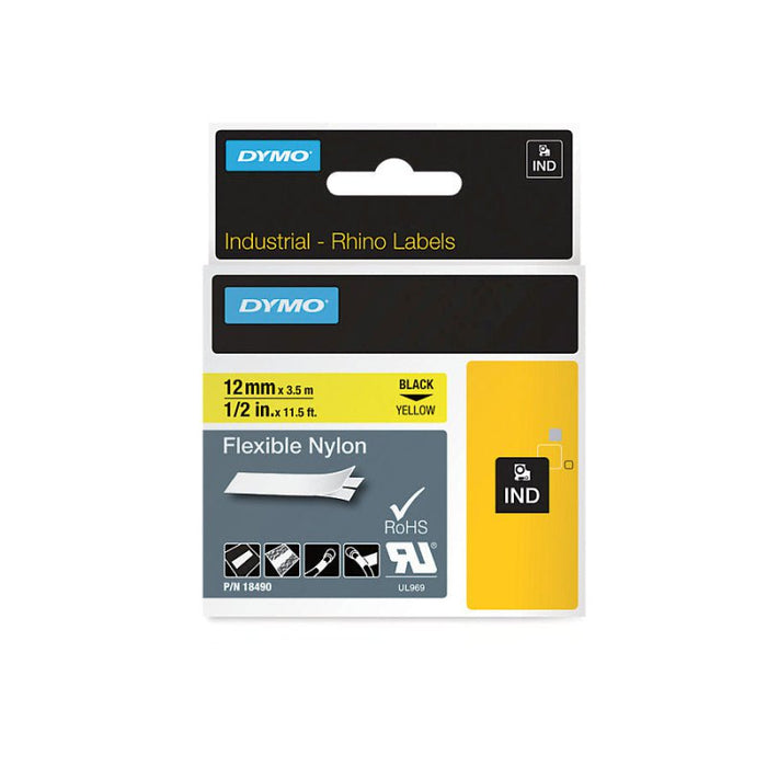 Dymo 18490 Rhino Nylon Labels, 12mm x 7mt, Black on Yellow DSDY18490