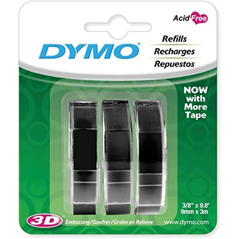 DYMO Genuine Embossing Label Tape. 3PK, 9mm x 3m. Use them indoors or outdoors. Tape will stick to any smooth clean surface. Black Colour. CD1741670
