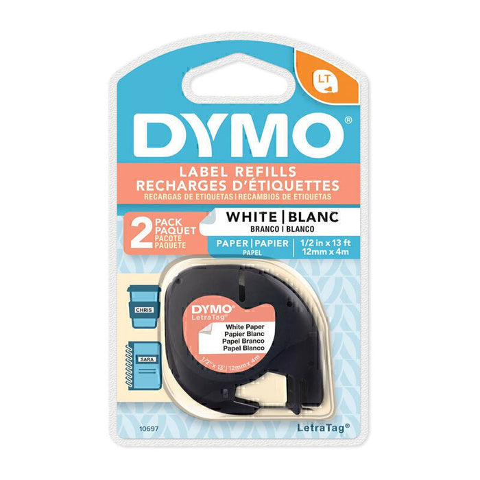 Dymo LetraTag Paper 12mm x 4m White Label Tape, Pack of 2 DSDY10697