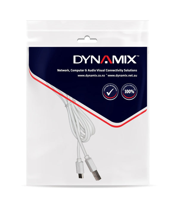 DYNAMIX 0.3m USB 2.0 Micro-B Male to USB-A Male Connectors. Colour White. CDC-U2AMICB-03WH