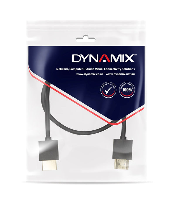 DYNAMIX 0.5M HDMI BLACK Nano High Speed With Ethernet Cable. Designed for UHD Display up to 4K2K@60Hz. Slimline Robust Cable. Supports CEC 2.0, 3D, & ARC. Supports Up to 32 Audio Channels. CDC-HDMI2BLK-0