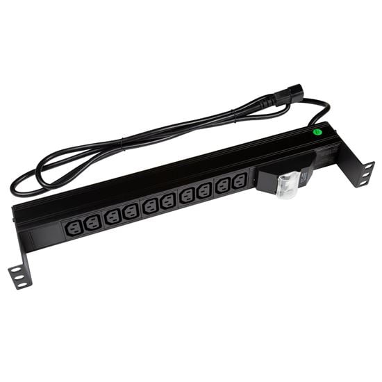 DYNAMIX 10 Outlet Horizontal Power Rail (10A IEC C13) with 6KA C-Curve Circuit Breaker. Integrated 2m power cord (10A IEC C14) 1RU. Colour Black. CDRPR-IEC-10A10H