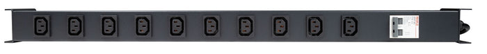 DYNAMIX 10 Outlet Vertical Power Rail (10A IEC C13) with 6KA C-Curve Circuit Breaker. Integrated 2m power cord (10A IEC C14) 0RU. Colour Black. CDRPR-IEC-10A10V