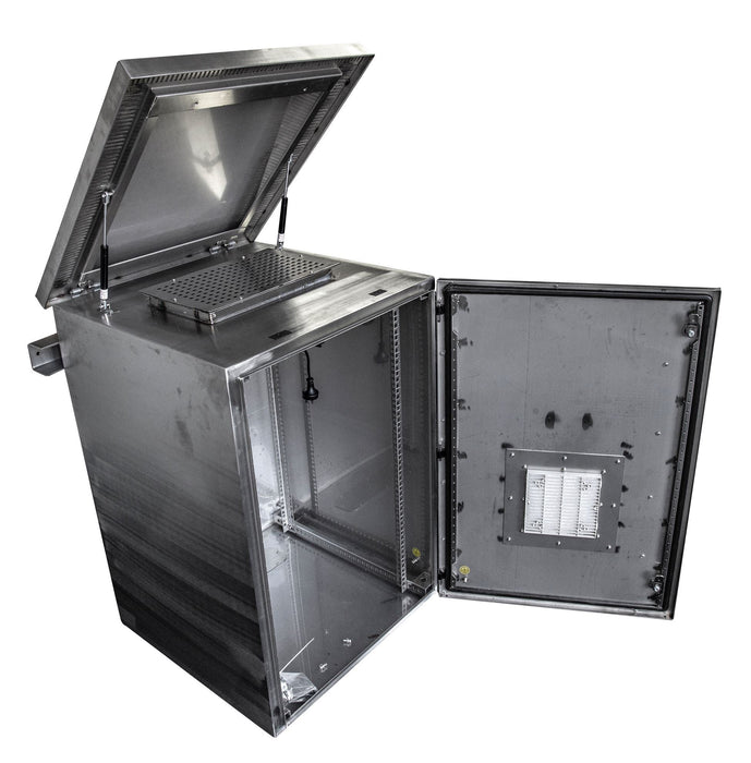 DYNAMIX 12RU Stainless Vented Outdoor Wall Mount Cabinet (611x625 x640mm). SUS316 Stainless Steel Construction. IP45 rated. Supplied with dual extractor fans & input/output air filters. CDRODWSS12-600FK