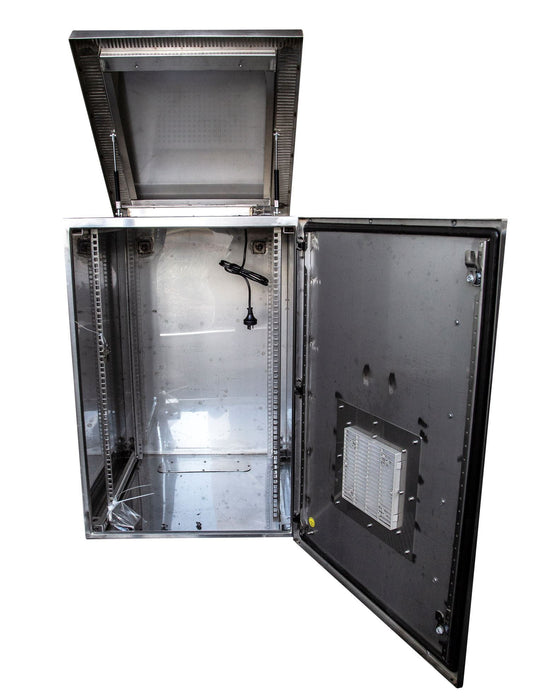 DYNAMIX 18RU Stainless Vented Outdoor Wall Mount Cabinet (611x625 x915mm). SUS316 Stainless Steel Construction. IP45 rated. Supplied with dual extractor fans & input/output air filters. CDRODWSS18-600FK