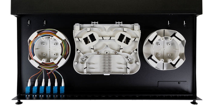 DYNAMIX 19'' 1U Fibre Tray 12C LC SM FULLY LOADED w 12x LC Elite OS2 Pigtails 6x LC Duplex Blue Couplers Splice Cassette, Cable management Sliding Tray with front face Protection labelling Kit CDFPP24SF-L112LA1