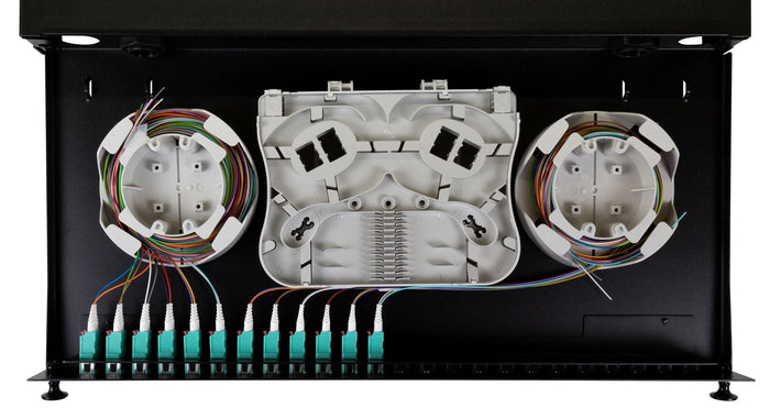 DYNAMIX 19'' 1U Fibre Tray 24C LC MM FULLY LOADED w 24x LC Elite OM4 Pigtails 12x LC Duplex Aqua Coupler Splice Cassette, Cable management Sliding Tray with front face Protection labelling Kit CDFPP24SF-L124QO4