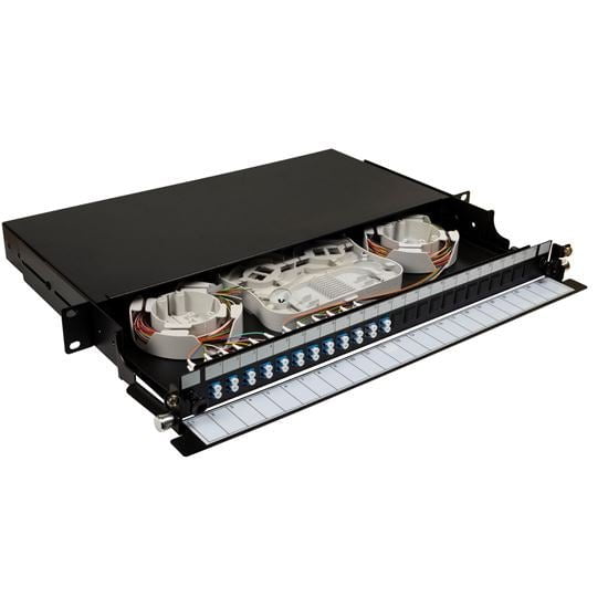 DYNAMIX 19'' 1U Fibre Tray 24C LC SM FULLY LOADED w 24x LC Elite OS2 Pigtails 12x LC Duplex Blue Coupler Splice Cassette, Cable management Sliding Tray with front face Protection labelling Kit CDFPP24SF-L124LA1