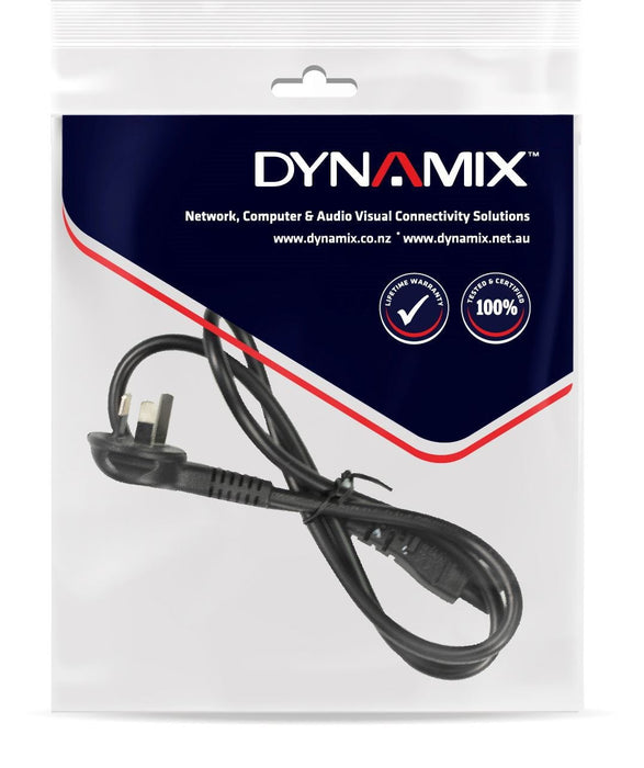 DYNAMIX 1M Flat Head 3-Pin to C5 Clover Shaped Female Connector 7.5A. SAA approved Power Cord. 0.75mm copper core. BLACK Colour. CDC-PFH3PC5-1