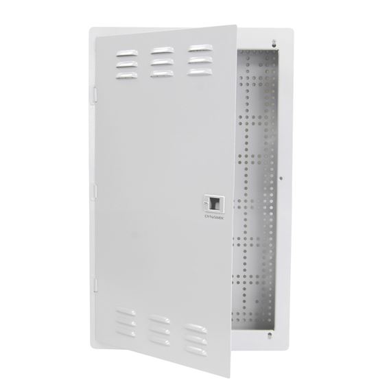 DYNAMIX 20'' Network Enclosure, Recessed Wall Mount, Vented Lid, Cable/Dual GPO Knock outs. Installs: 400mm Centre Stud. Cut out OD: 355 x 575 x 90mm. Incl. Installation Accessories, Earth Kit CDHWS-2004V2