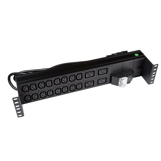 DYNAMIX 20 Outlet Horizontal Power Rail  (16x 10A IEC C13 & 4x 16A IEC C19). with 6KA C-Curve Circuit Breaker. Integrated 2m power cord (16A IEC C20) 2RU. Colour Black. CDRPR-IEC-16A20H