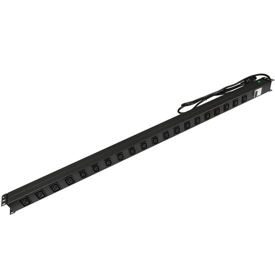 DYNAMIX 20 Outlet Vertical Power Rail  (16x 10A IEC C13 & 4x 16A IEC C19). with 6KA C-Curve Circuit Breaker. Integrated 2m power cord (16A IEC C20) 0RU. Colour Black. CDRPR-IEC-16A20V