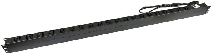 DYNAMIX 20 Outlet Vertical Power Rail  (16x 10A IEC C13 & 4x 16A IEC C19). with 6KA C-Curve Circuit Breaker. Integrated 2m power cord (16A IEC C20) 0RU. Colour Black. CDRPR-IEC-16A20V
