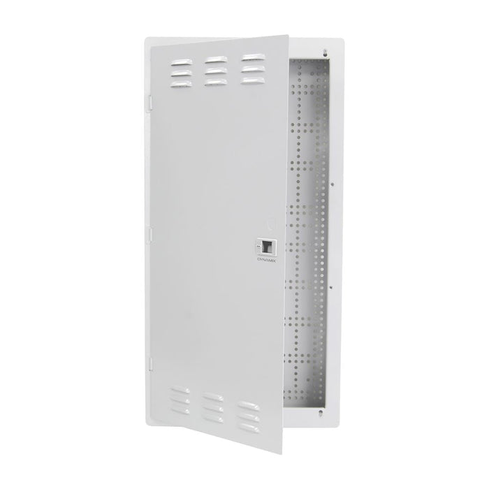 DYNAMIX 28'' FTTH Network Enclosure Recessed Wall Mount with Vented Lid Cable & Dual GPO Knock outs. Installs: 400mm Centre Stud. Cut out OD: 355 x 725 x 90mm. Incl. Installation Accessories, Earth Kit CDHWS-2804V2