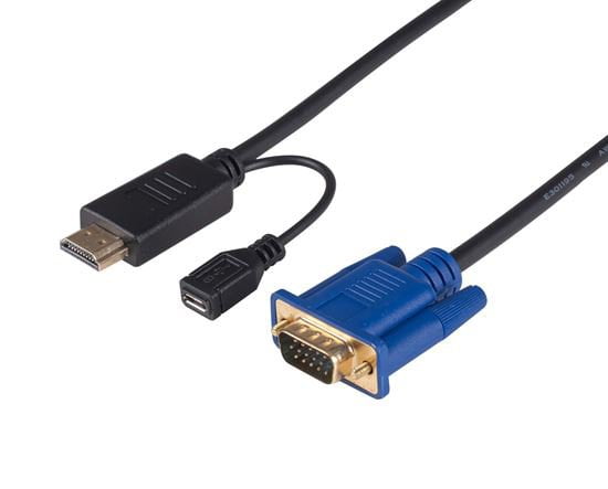 DYNAMIX 2m HDMI to VGA Cable, Includes Micro USB Female. Optional Power. No HDCP. HDMI 1.4 Max Res: 1080p@60Hz (1920x1080). Directional cable. CDC-HDMIVGA-2M