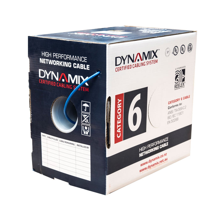 DYNAMIX 305m Cat6 Blue UTP SOLID Cable Roll, 250MHz, 24AWGx4P. External O.D. 4.9mm PVC CM UL Rated Jacket. Cable Roll in a REELEX II Pull Box. CDC-C6-SLD24-BLUE