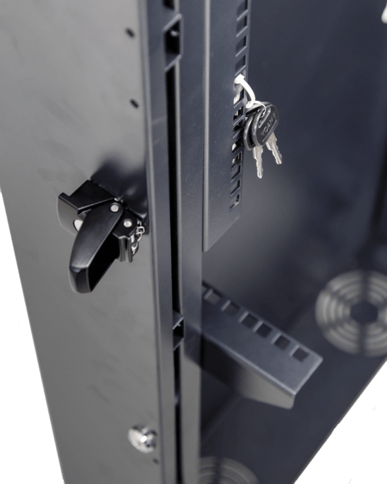 DYNAMIX 4RU Vertical Wall Mount Cabinet with 2RU Horizontal Mounting Rails. (650 x 230 x 1070mm external). Lockable front door. door. Front and side ventilation slots. Black CDRVWM0204