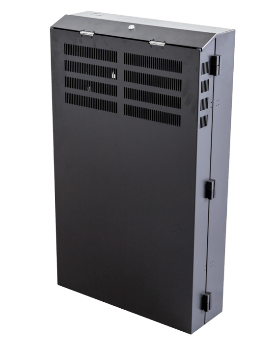 DYNAMIX 4RU Vertical Wall Mount Cabinet with 2RU Horizontal Mounting Rails. (650 x 230 x 1070mm external). Lockable front door. door. Front and side ventilation slots. Black CDRVWM0204