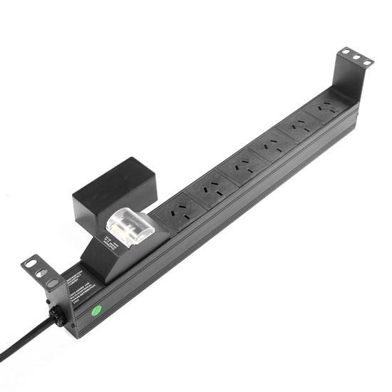 DYNAMIX 6 Outlet 1RU Horizontal Power Rail (10A) with 6kA C-Curve MCB Circuit Breaker, on/off switch & 50mm Recessed Brackets with 10A 3 Pin Plug. Colour Black CDRPR-6HMCB