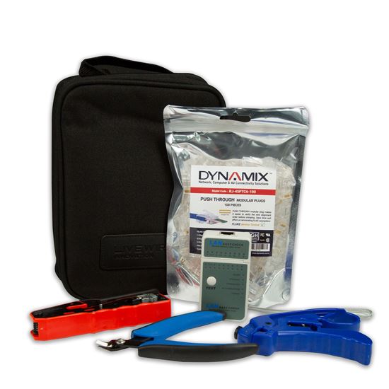 DYNAMIX Cat6 UTP Plug Termination Kit, Includes: 100x Cat6 UTP Push Through Plugs (RJ-45PTC6-100), PTC-CP Push Through Crimper, RJ45 Cable Tester, Data Cable Stripper, Flush Cutter, & Black Pouch. CDRJ-45PT-KIT