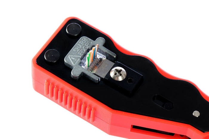 DYNAMIX Compact Push Through Crimper with Built-in Stripping & Cutting Blade. Built-in Conductor Straightener. Push-button Lock for Easy Blade Storage. Compatible with Cat5e/6/6a Plugs. *Blades PTC-BLADE CDPTC-CP